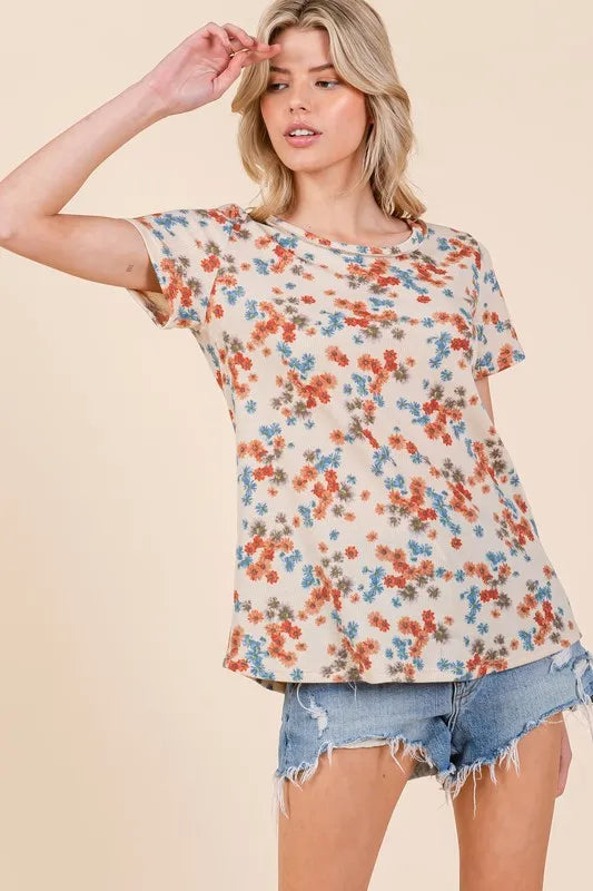 BOMBOM Lightweight Floral Round Neck Short Sleeve T-Shirt