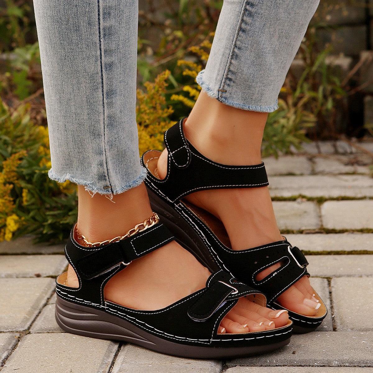 PU Leather Wedge Buckle Sandals Black