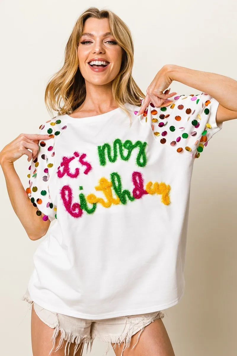 BiBi Metallic Letter Spangle Raglan Puff Sleeve Top