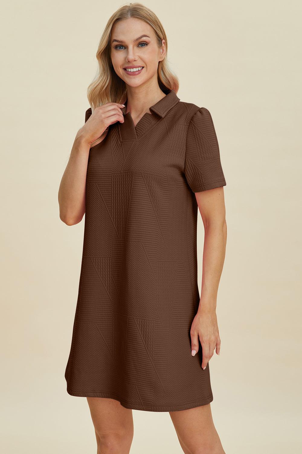 Double Take Full Size Texture Short Sleeve Dress Brown
