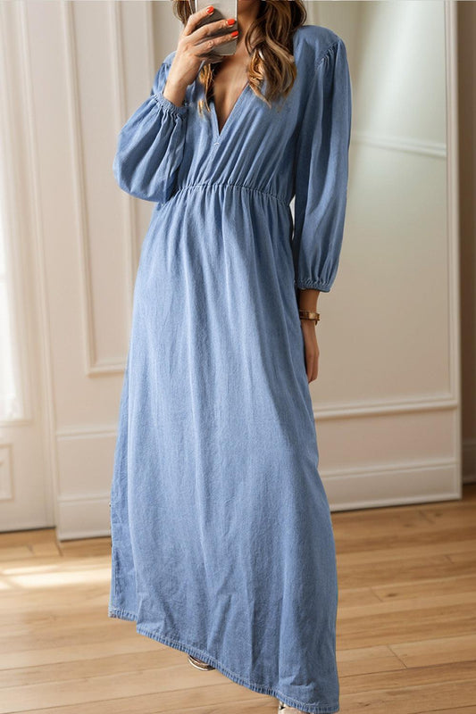 Tied Plunge Three-Quarter Sleeve Denim Dress Light