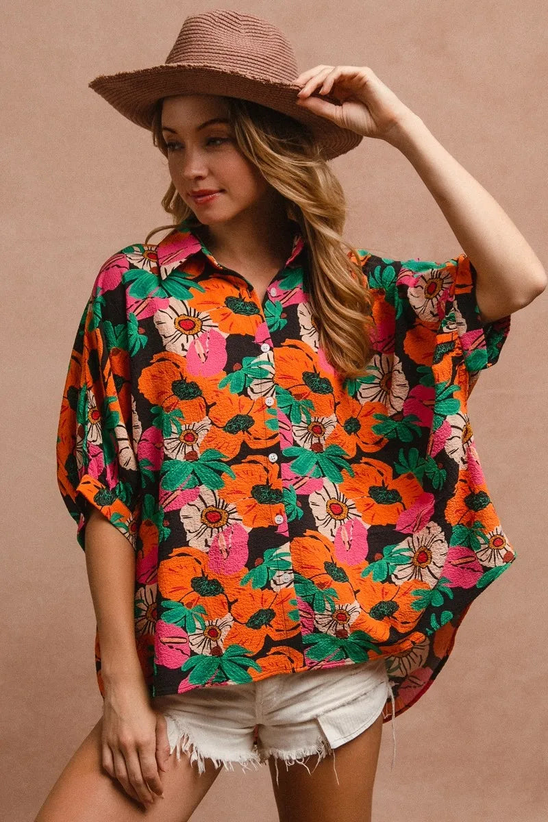 BiBi Floral Print Soft Crinkle Short Dolman Sleeves Blouse BLACK ORANGE FUCHSIA
