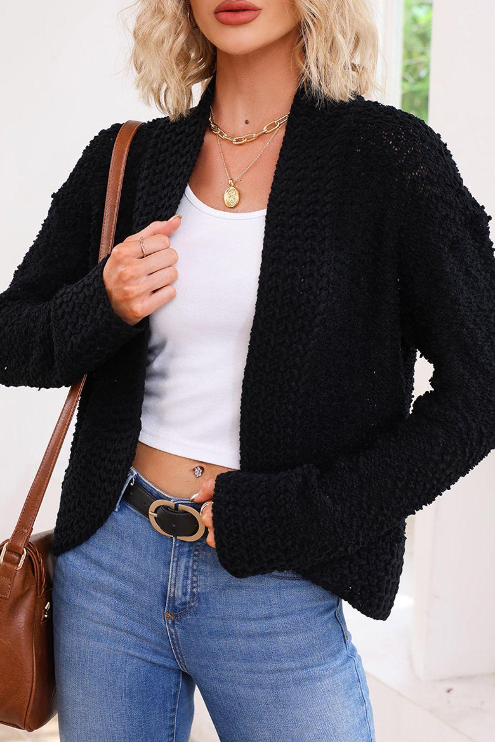 Solid Color Open Front Cardigan Black