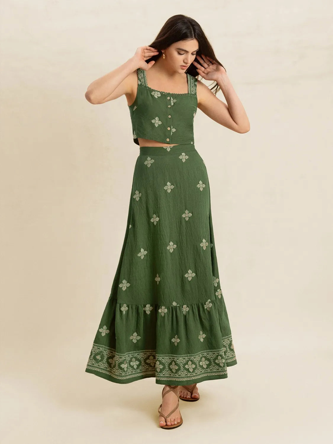 Embroidered Square Neck Cami and Skirt Set