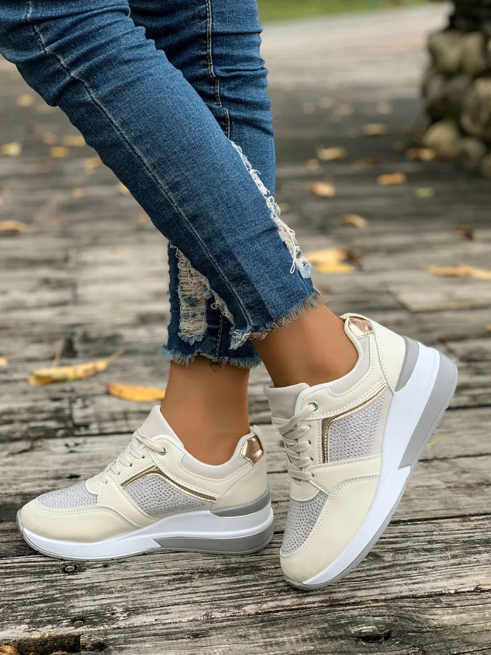 Lace-Up Rhinestone Wedge Sneakers Beige