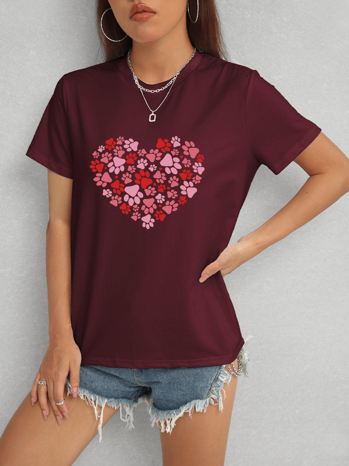 Heart Round Neck Short Sleeve T-Shirt Wine