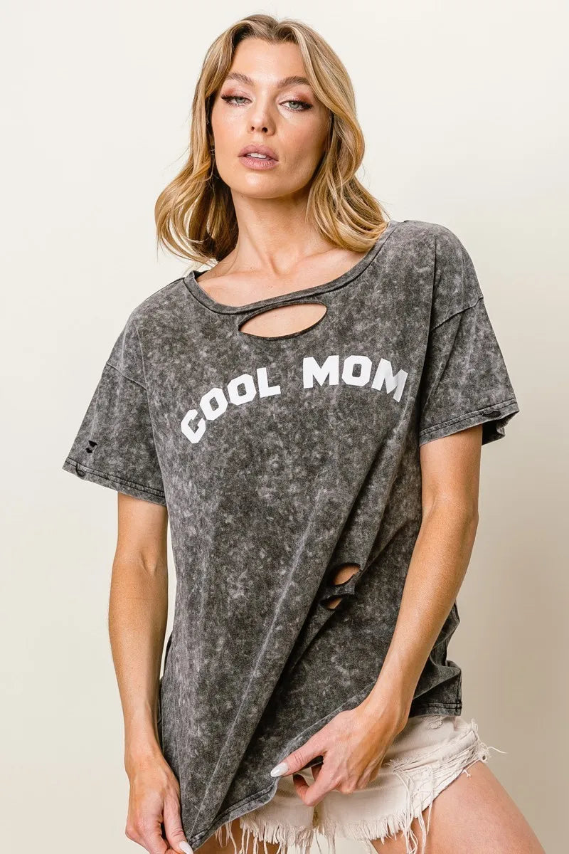 BiBi Washed Laser Cut Detail Cool Mom Print Top