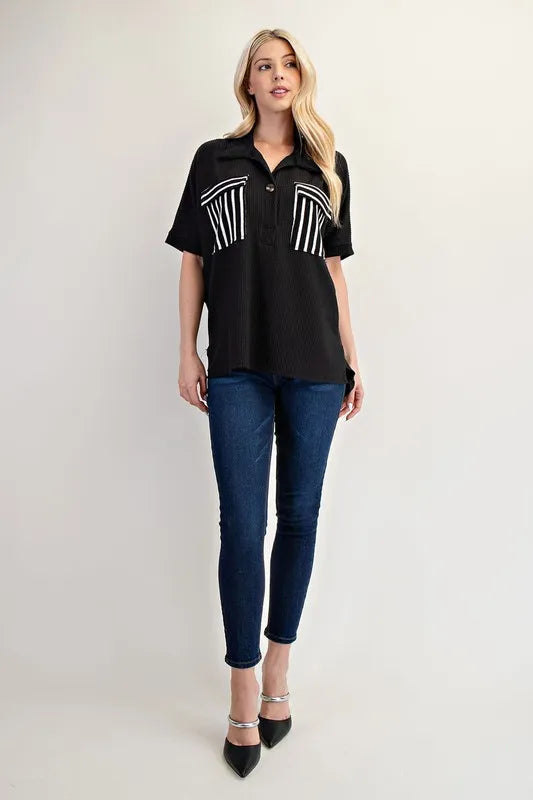 Celeste Full Size Rib Knit Collared Top with Striped Pockets Plus Size