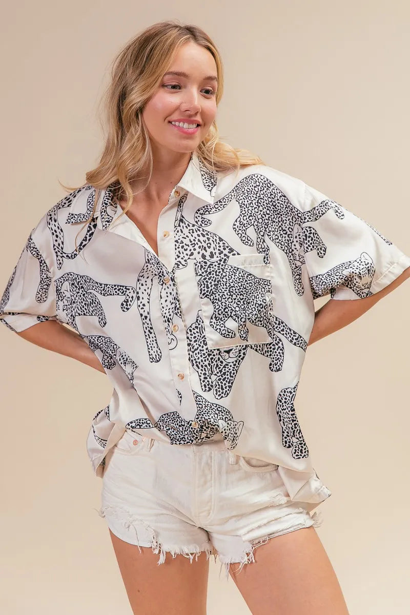 BiBi Leopard Print Short Sleeve Silky Satin Shirt Top