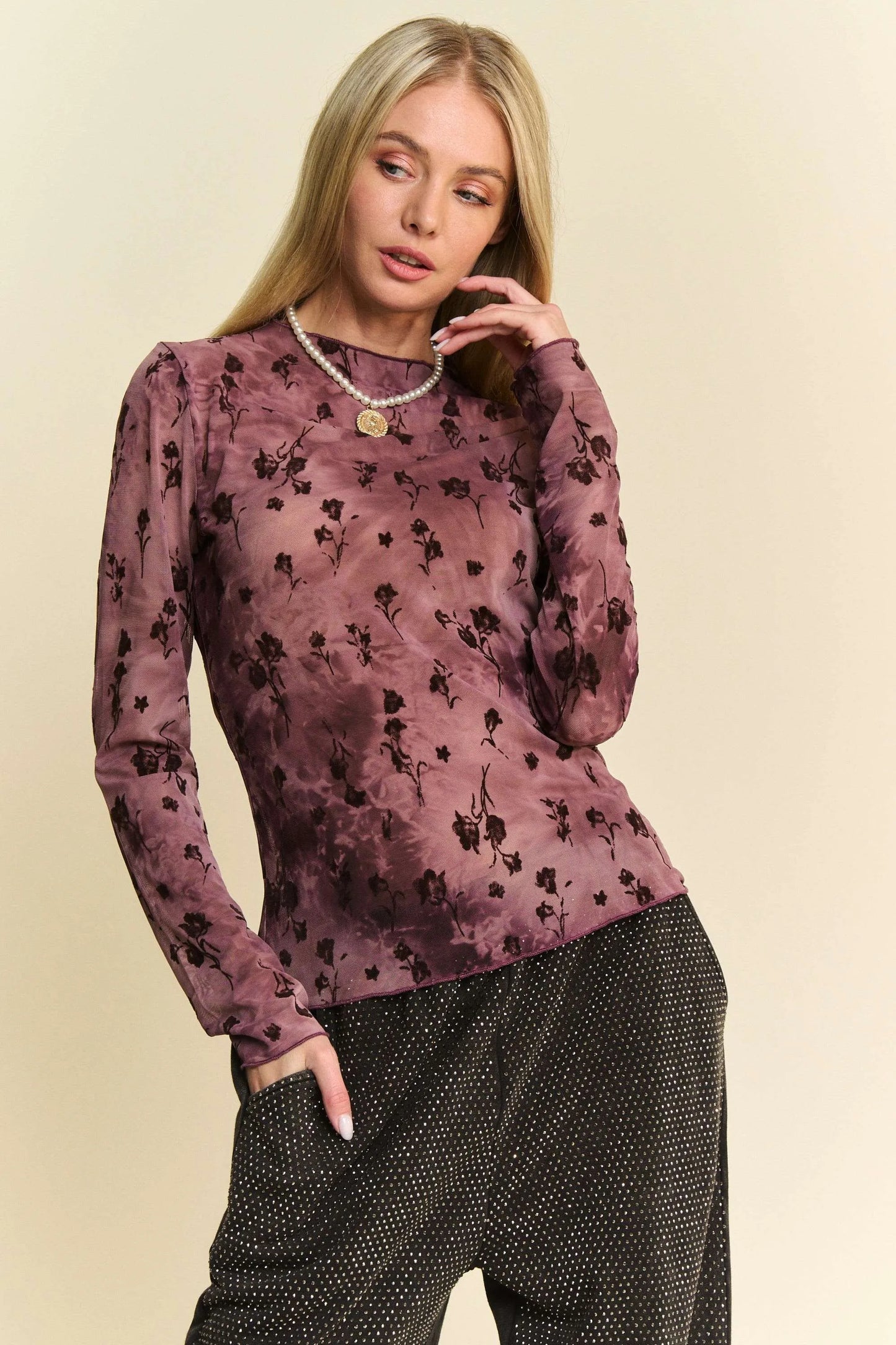 Davi & Dani Floral Mesh Long Sleeve Sheer Layering Top BURGUNDY
