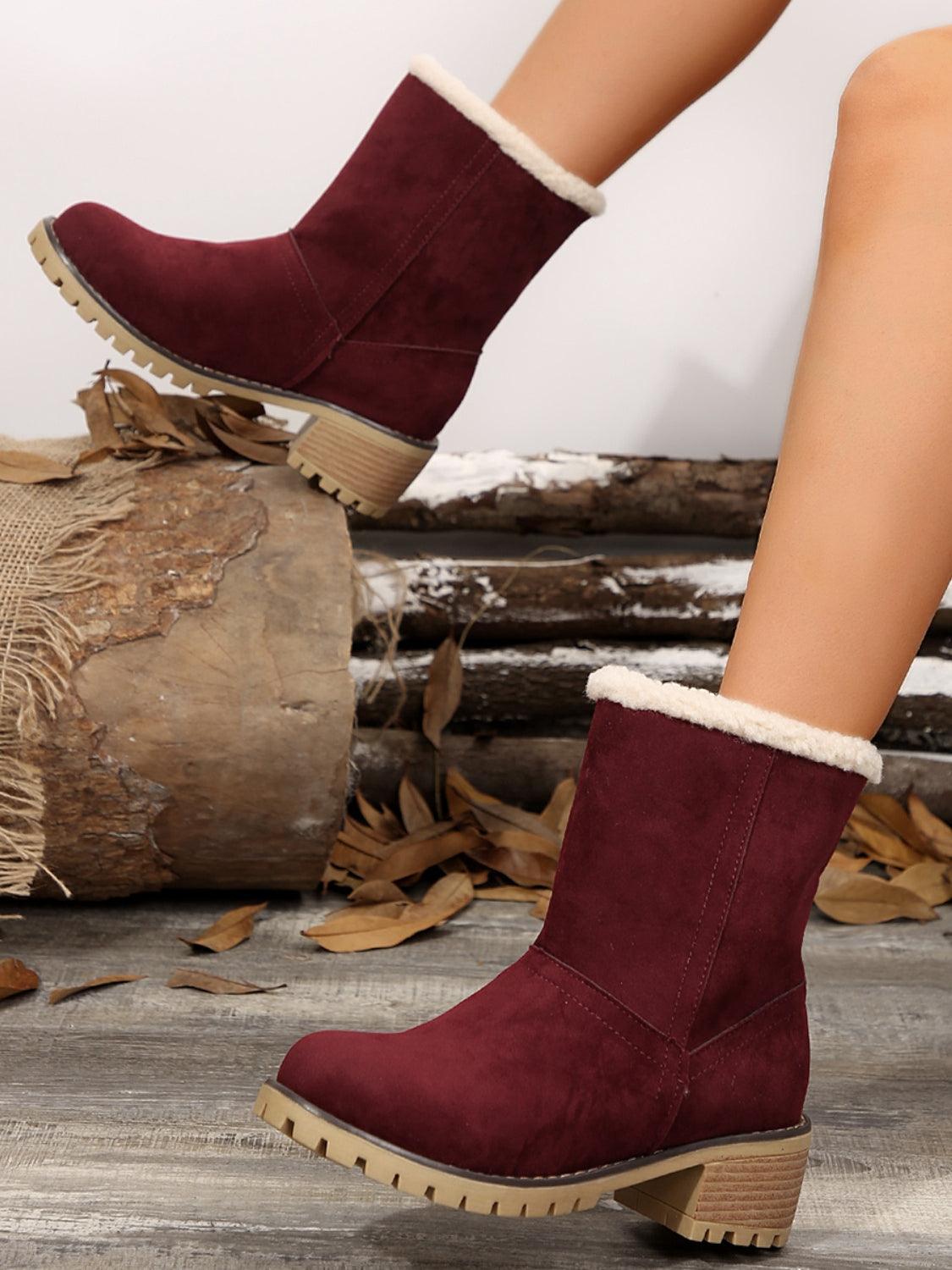 Thermal Fuzzy Block Heel Boots Burgundy