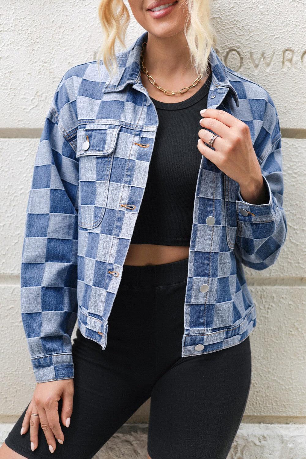 Checkered Button Up Long Sleeve Denim Jacket Medium