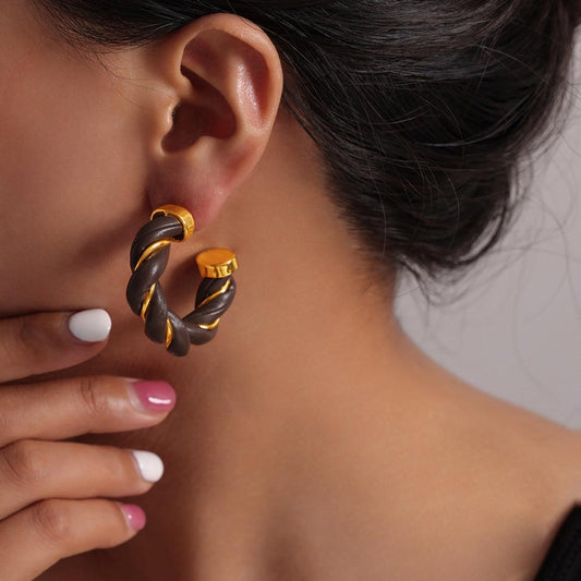 Twisted Leather Rope C-Hoop Earrings Coffee Brown One Size