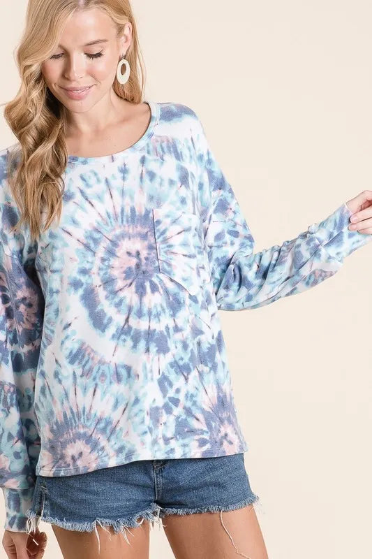 BiBi Tie Dye Print Terry Top with Front Patch Pocket