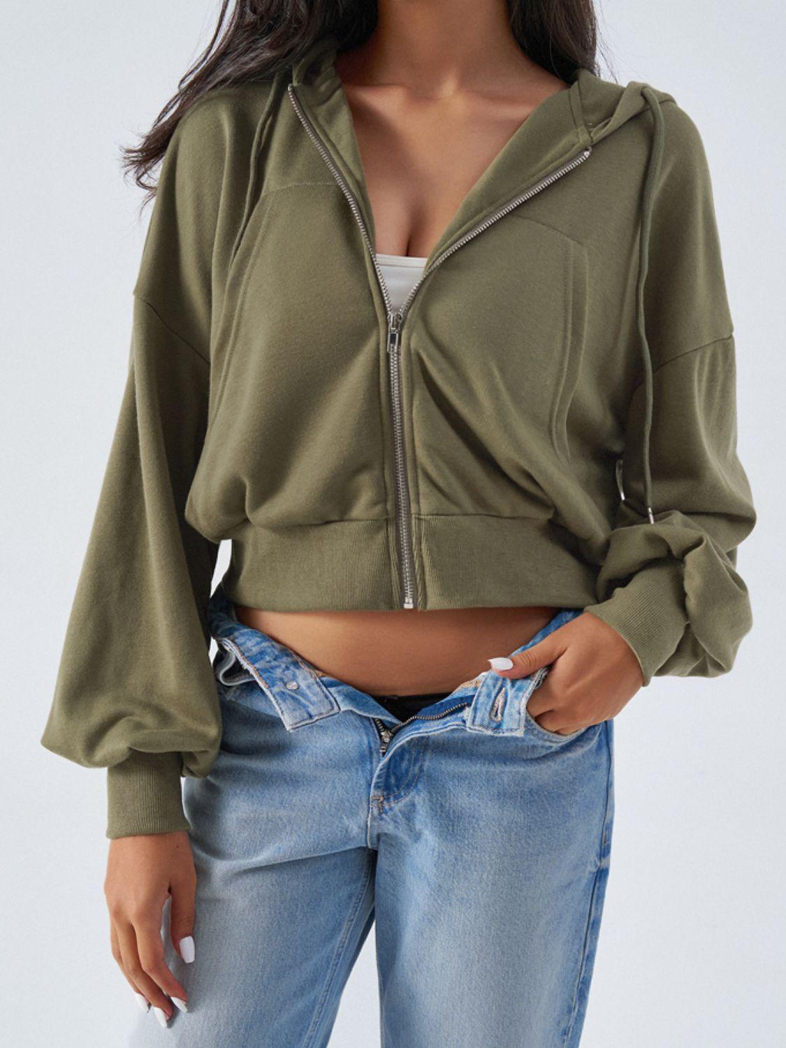 Devine Drawstring Zip Up Long Sleeve Hoodie Moss