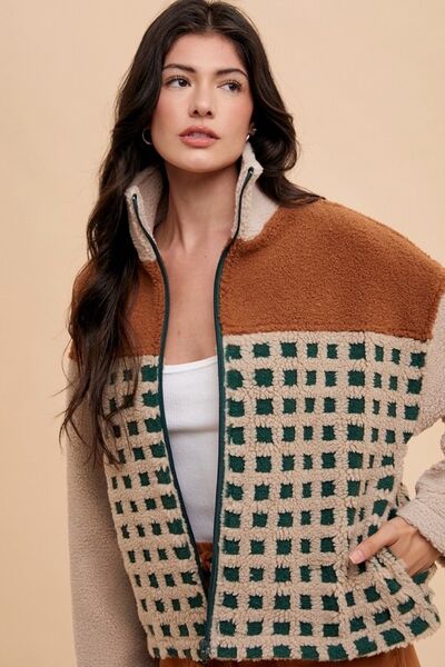 Annie Wear Plaid Zip Up Drop Shoulder Sherpa Jacket Oatmeal Camel