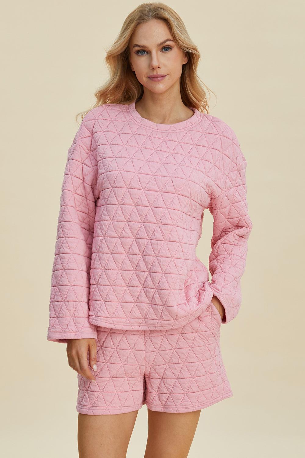 Double Take Full Size Texture Round Neck Long Sleeve Top and Shorts Set Pink