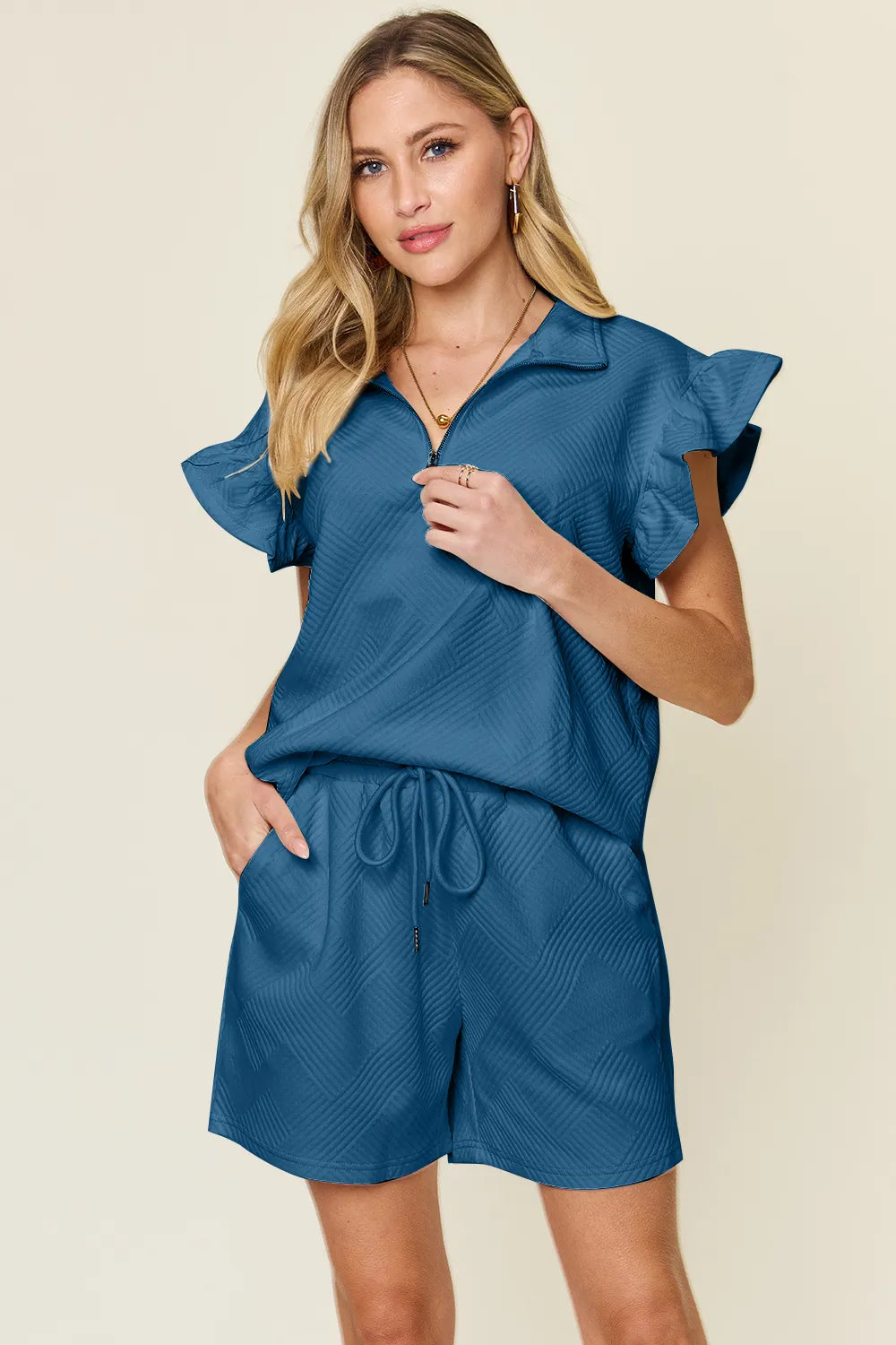 Double Take Full Size Texture Flounce Sleeve Top and Drawstring Shorts Set Deep Teal