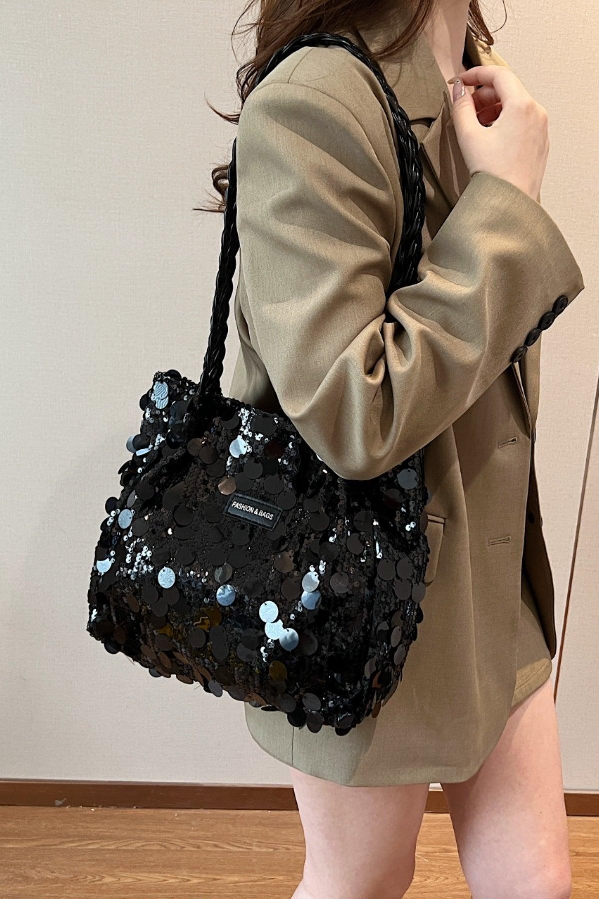 Sequin Braided Strap Shoulder Bag Black One Size