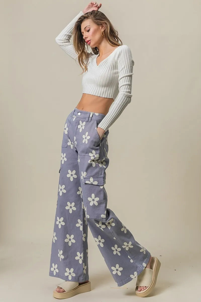 BiBi Flower Printed Side Pocket Wide Pants