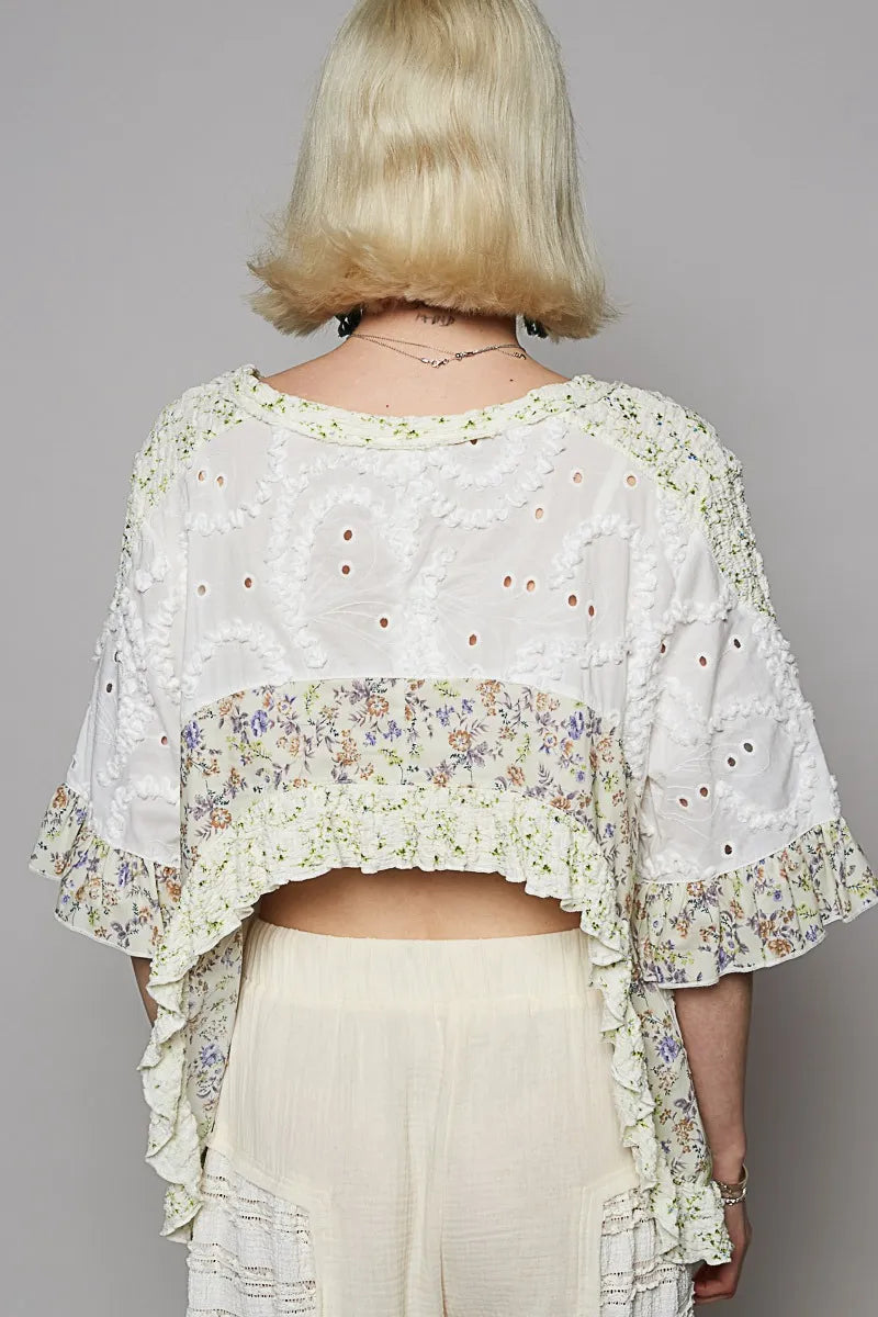 POL Floral Print Eyelet Ruffled Hem Blouse