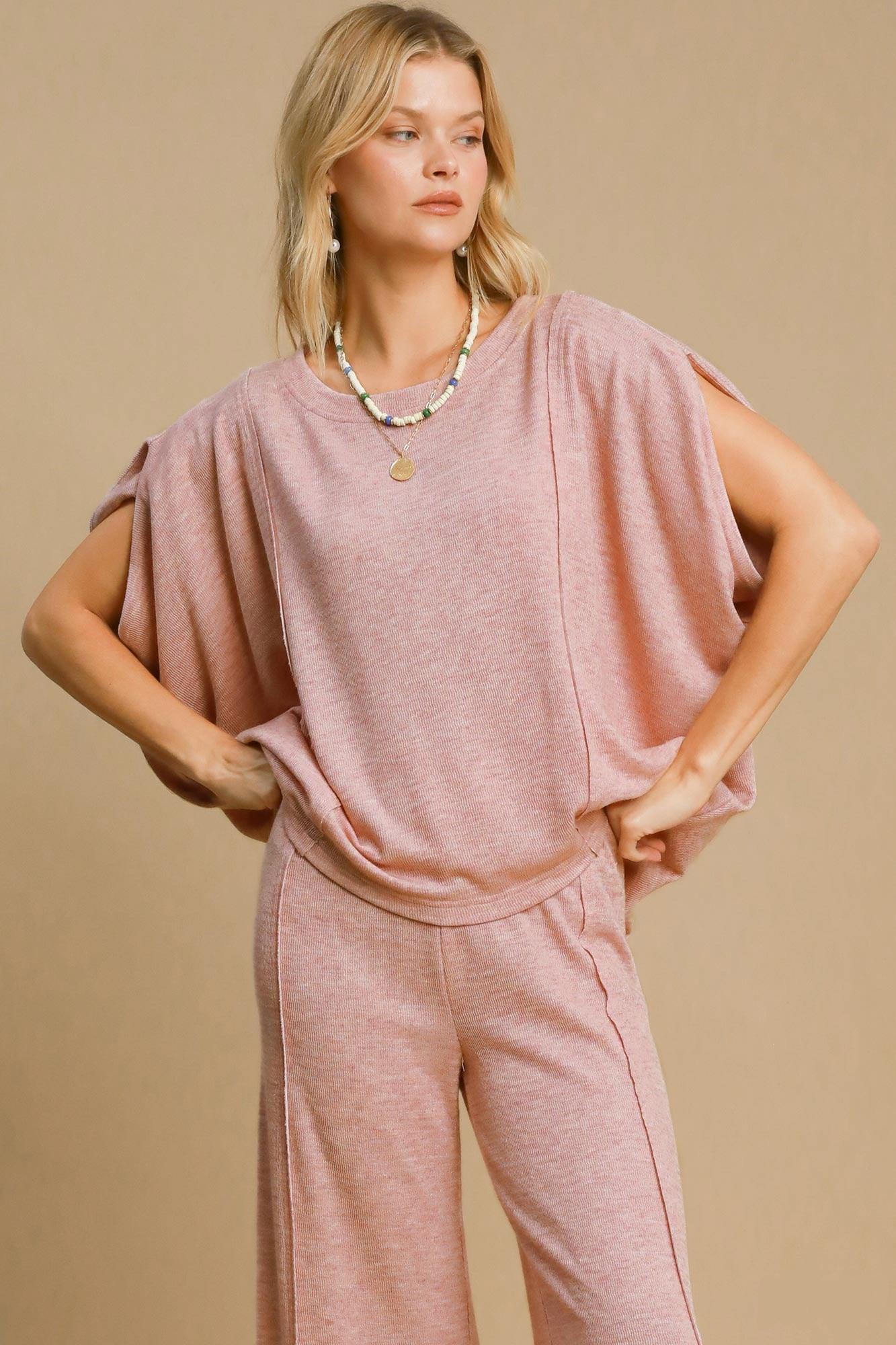 Umgee Exposed Seam Round Neck Batwing Sleeve Knit Top Dusty Pink
