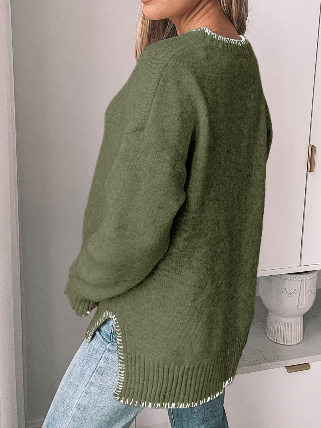 Perfee Round Neck Long Sleeve Sweater Moss M