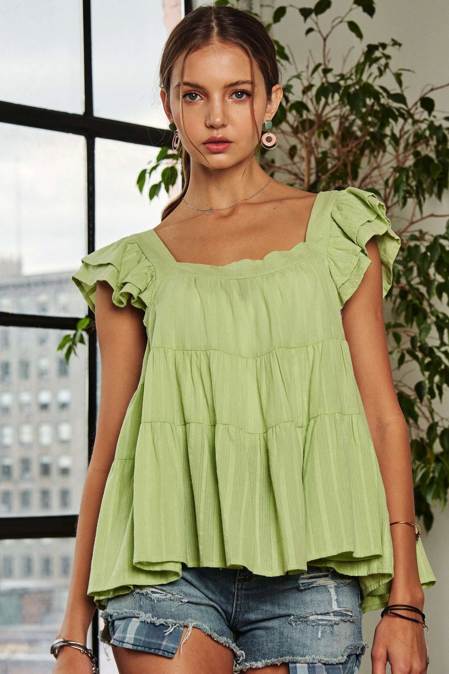 ADORA Ruffle Sleeve Babydoll Tunic Top