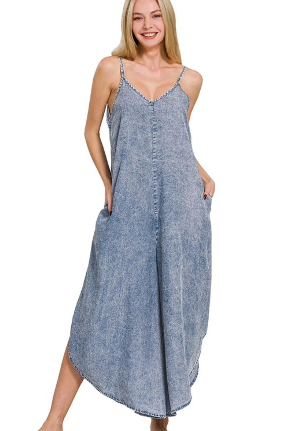 Zenana Lyocell Acid-Washed Jumpsuit M INDIGO