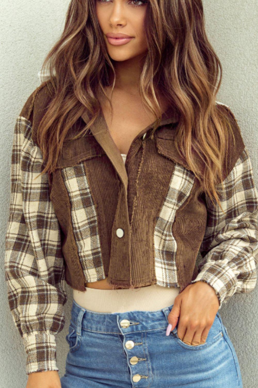Raw Hem Plaid Cropped Hooded Jacket Brown