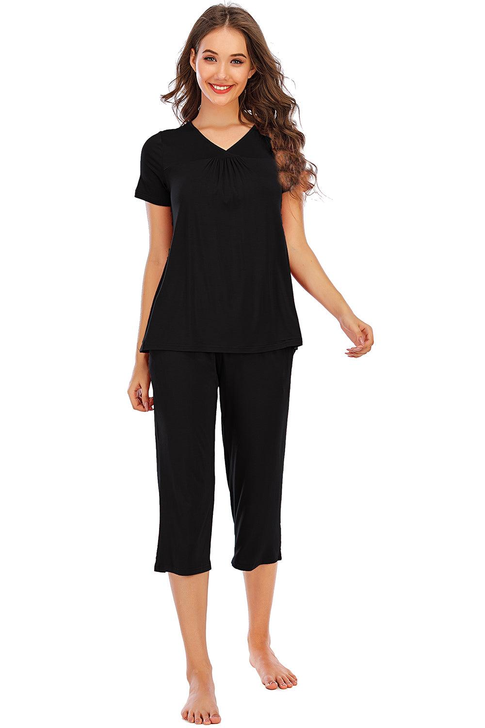 V-Neck Short Sleeve Top and Pants Lounge Set Black