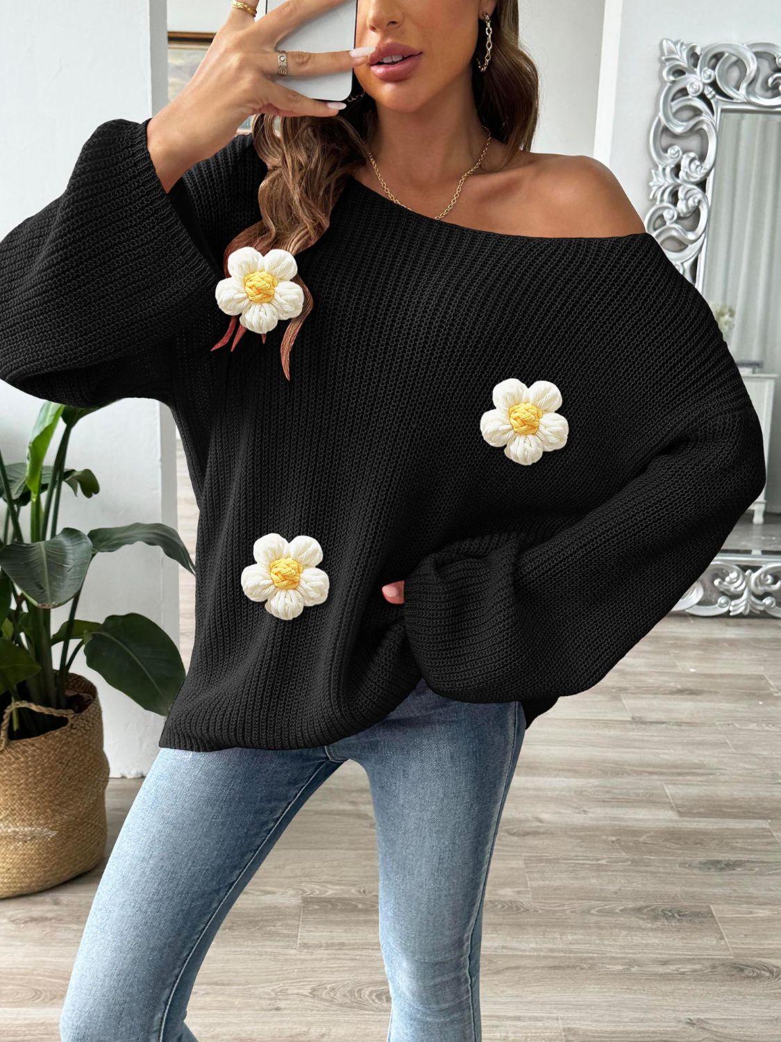 Flower Round Neck Long Sleeve Sweater Black