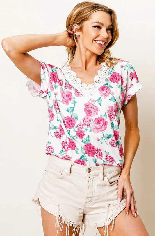 BiBi Rose Printed Poly Span with Crochet Lace Top