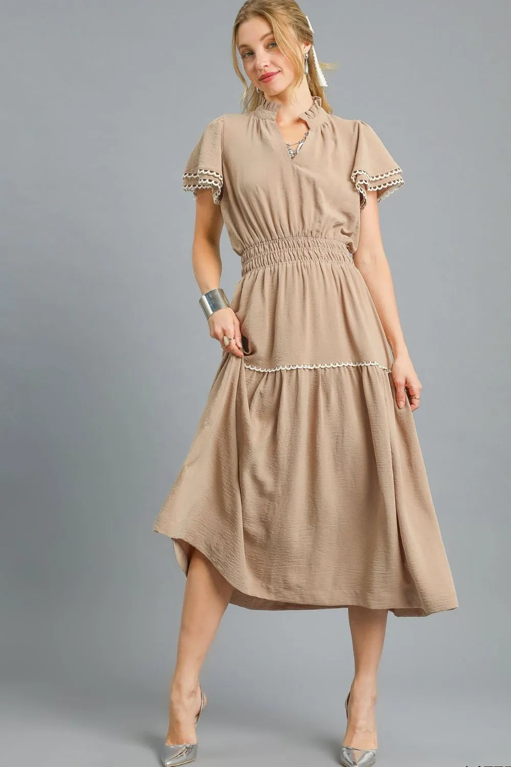 Umgee Tiered Flutter Sleeve Midi Dress Camel