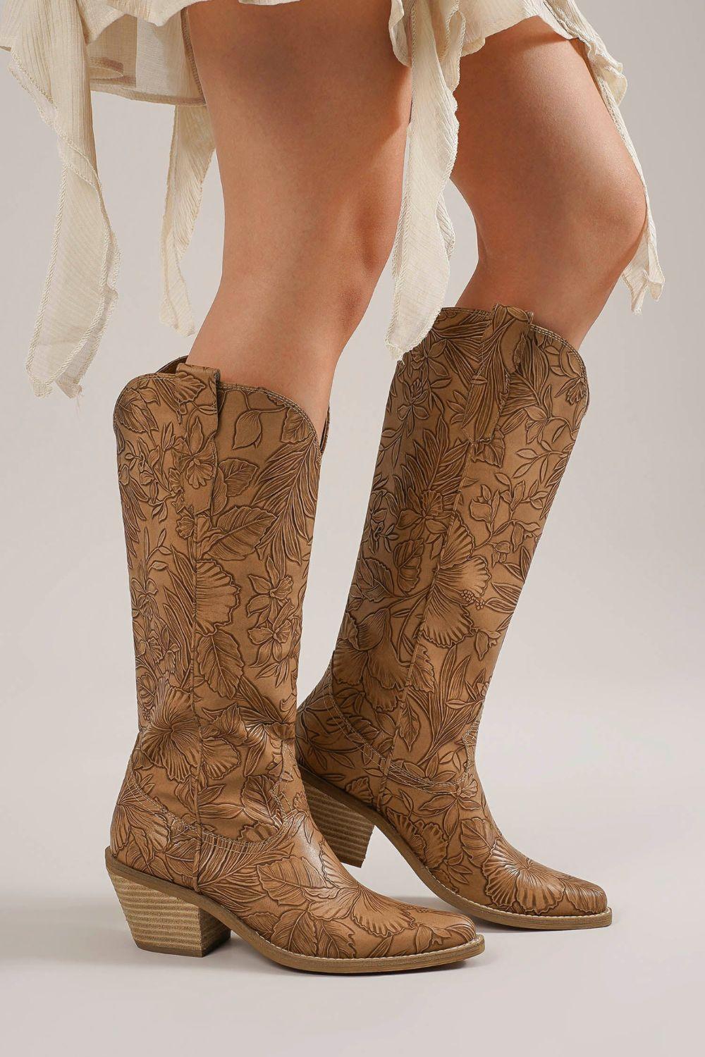 Beast Fashion Embossed Floral Point Toe Block Heel Boots DK Taupe