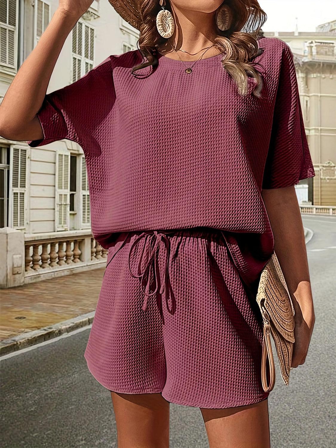 Waffle-Knit Half Sleeve Top and Shorts Set Moonlit Mauve