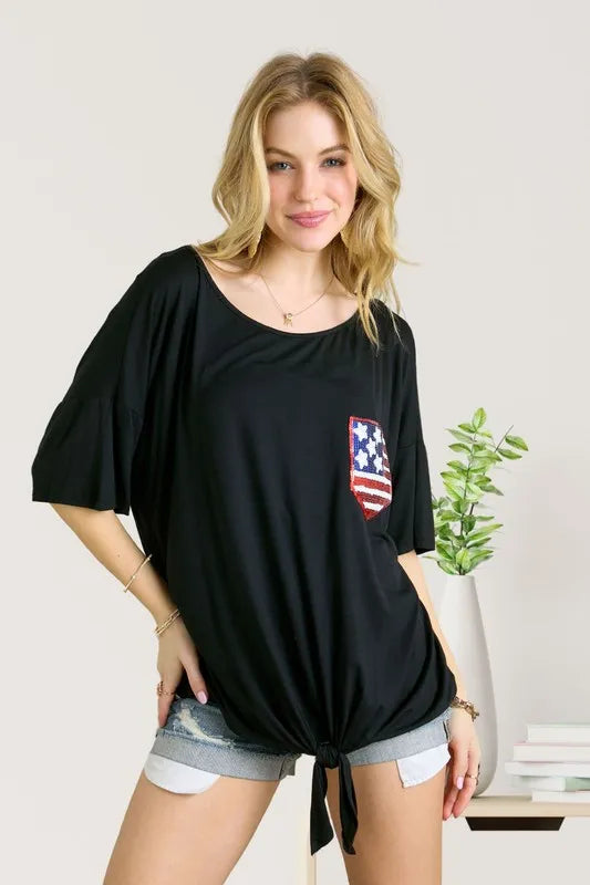 ADORA Sequin US Flag Pocketed Top Black