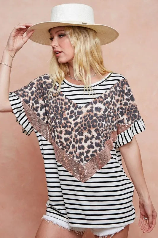 BiBi Stripe Rayon Span Knit Color Block Top With Leopard
