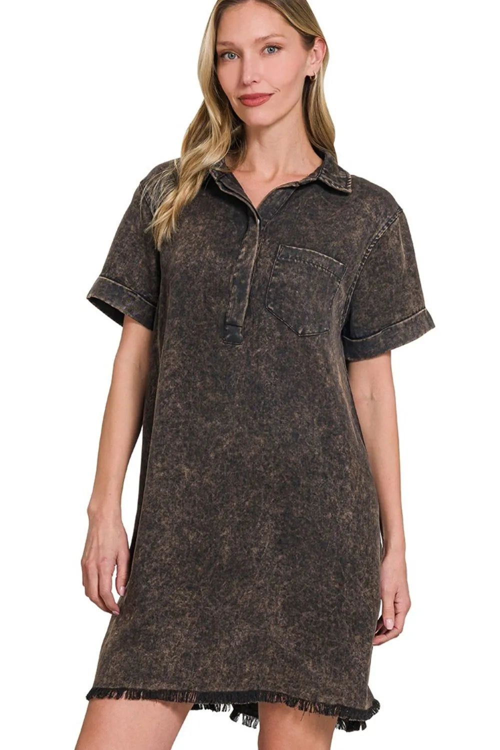 Zenana Tencel Mineral Washed Collared Shirts Dress ASH BLACK
