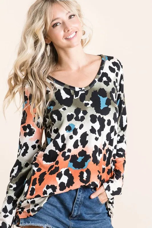 BiBi Gradation Leopard Print Soft Knit Deep U Neck Top