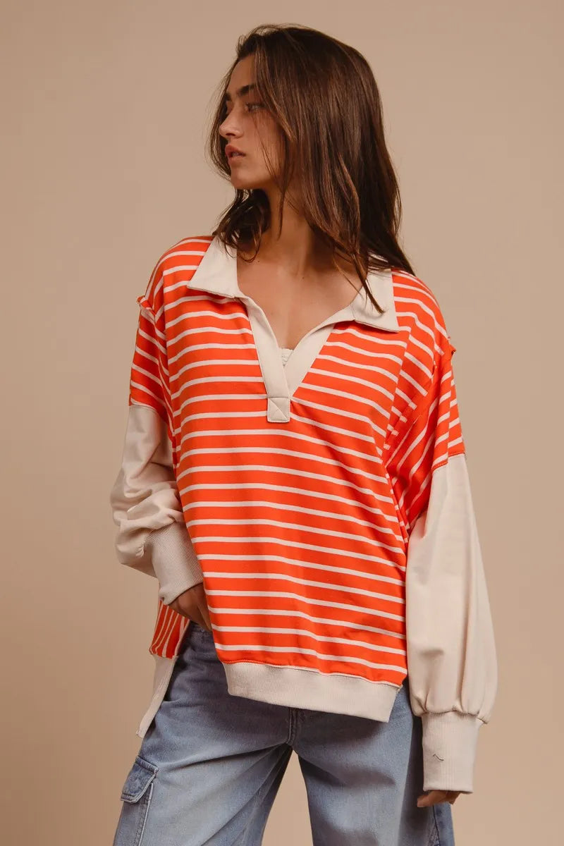 BiBi Stripe Knit Loose Fit Top With Cut Edge Detail ORANGE