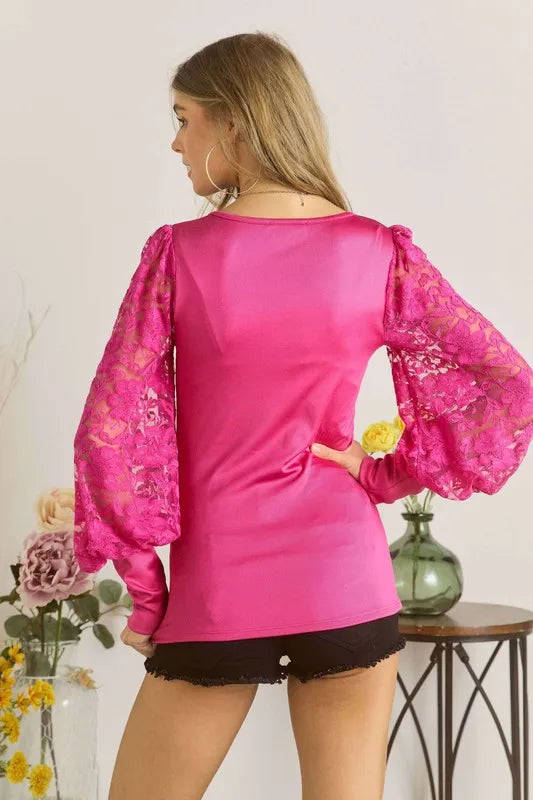 ADORA Lace Splicing Puff Sleeve Top