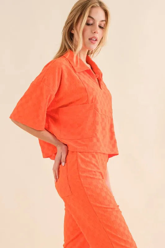 And The Why Brushed Texture Checker Board Pattern Casual Top