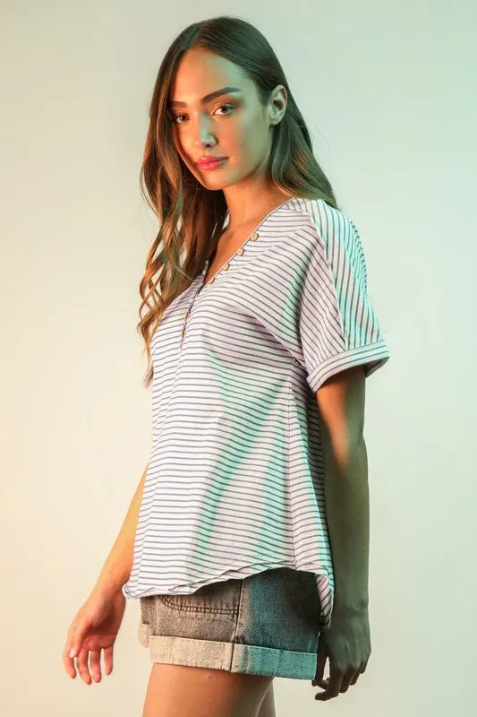 VERY J Striped V-Neck Short Sleeve T-Shirt