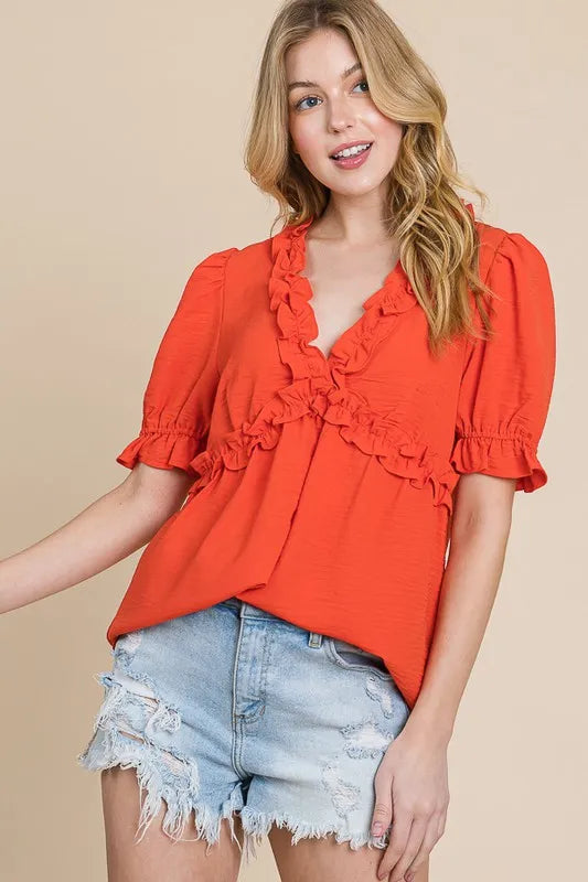 Lime 'N' Chili Solid Ruffled Deep V-Neck Puff Sleeve Babydoll Top