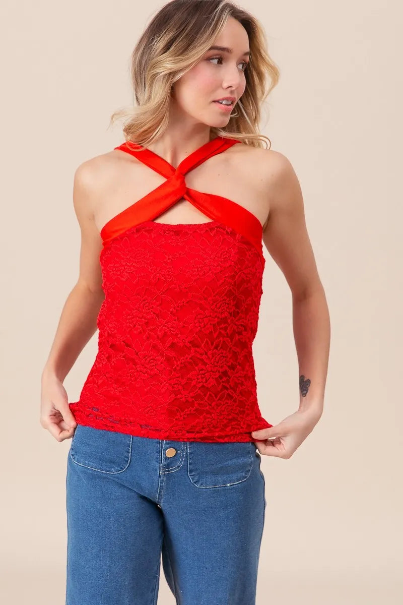 BiBi Lace Knit with Cut Out And Cross Neck Banded Top