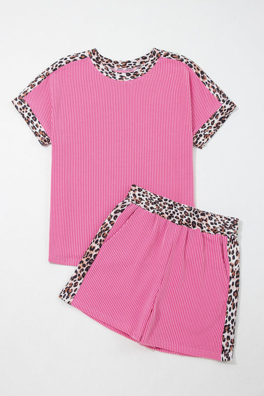 Leopard Trim Corded Knit Top & Shorts Set