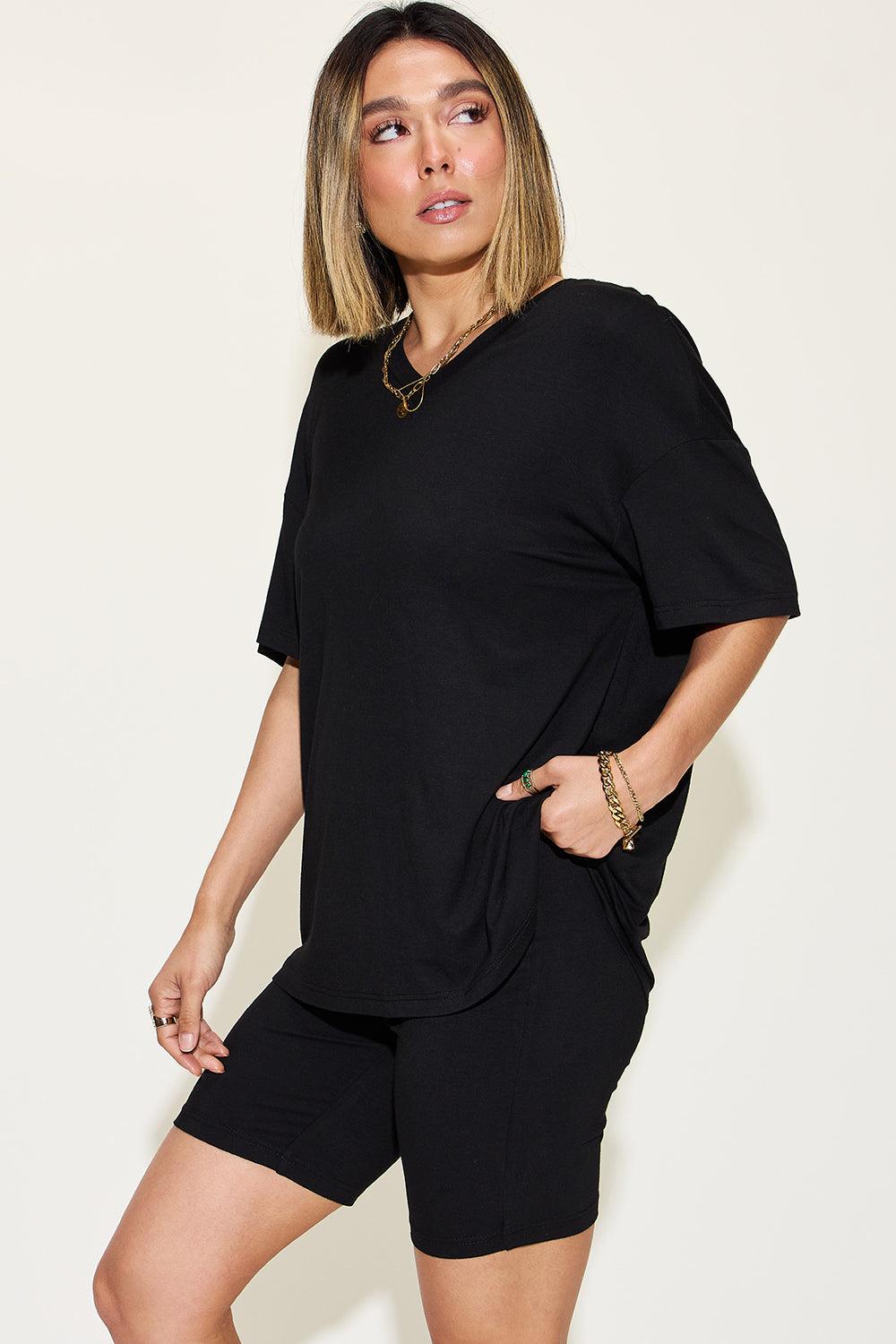 Basic Bae V-Neck T-Shirt and Shorts Set - Full Size Drop Shoulder Outfit Black
