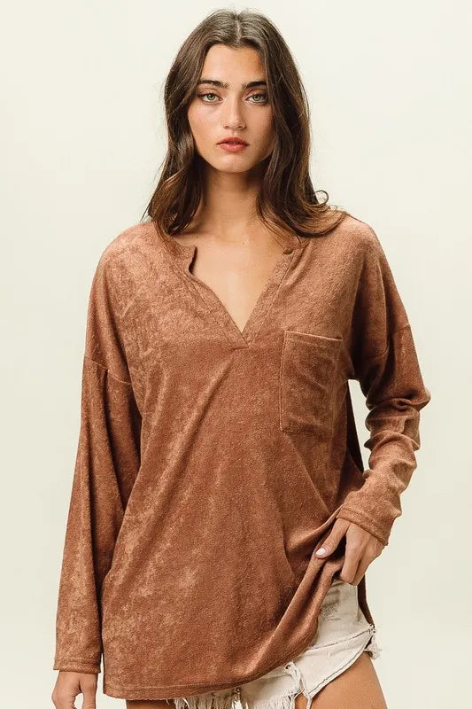 BiBi Loop Terry Solid V Neck Pocket Top