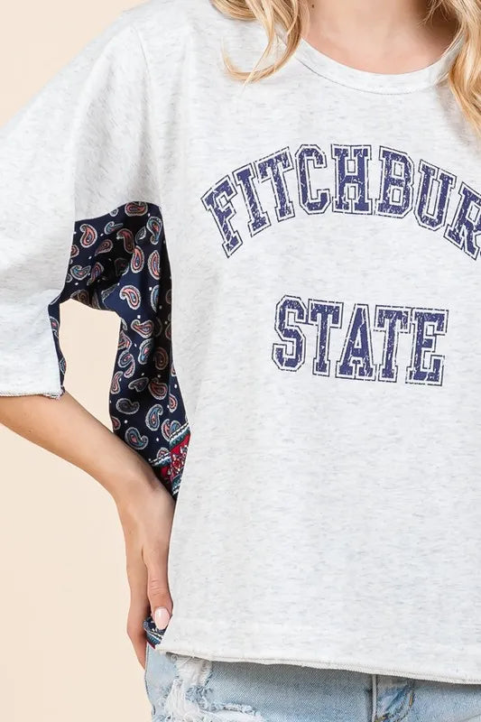 Lime 'N' Chili Fitchburg State Graphic Contrast Half Sleeve Top